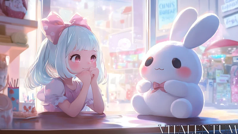 Young girl sits at counter facing large plush rabbit toy