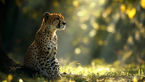 Solitary cheetah resting under forest light beams.