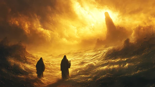 Two robed figures cross glowing storm sea under fire sky.
