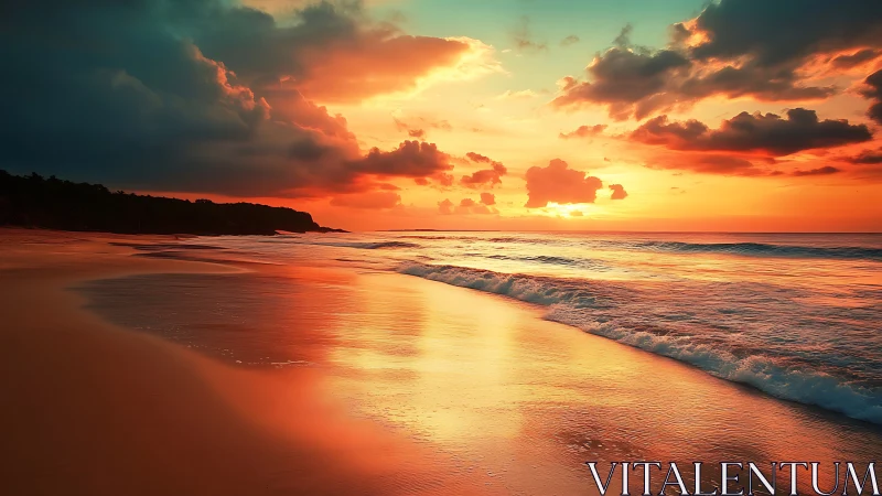 Hyper-saturated coastal sunset with reflective wet shoreline