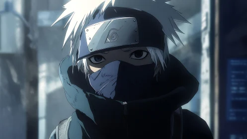 Masked silver-haired ninja with headband in cold city scene.