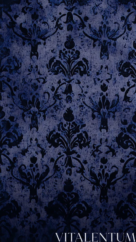 Symmetric navy damask pattern with velvety flocked surface texture