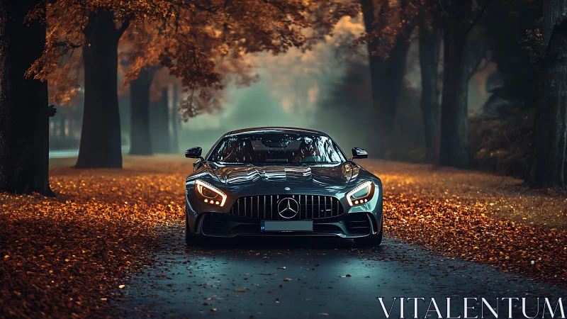 Granular frontal study of Mercedes sports coupe in autumnal mist.