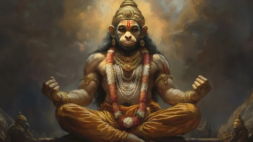 Radiant monkey warrior deity rests in calm, golden power