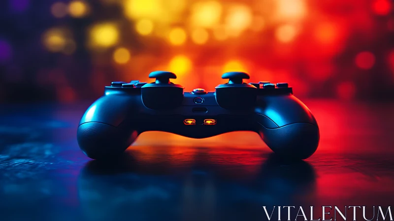 Black game controller on vivid orange and blue bokeh background.