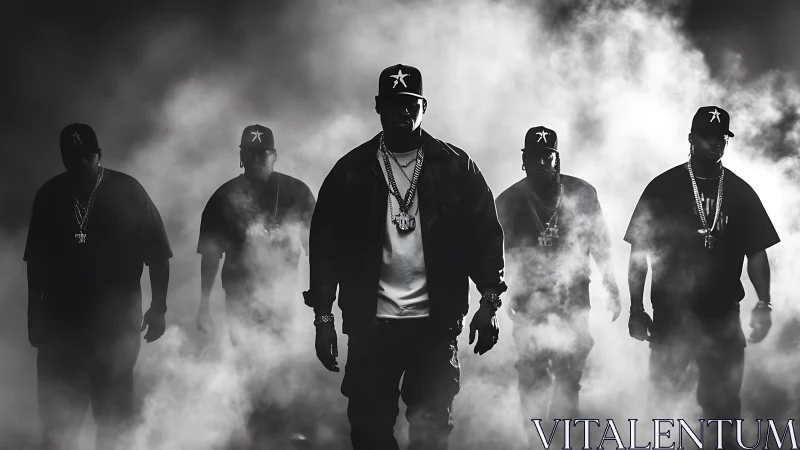 Hip hop group walks through dense stage smoke in silhouette