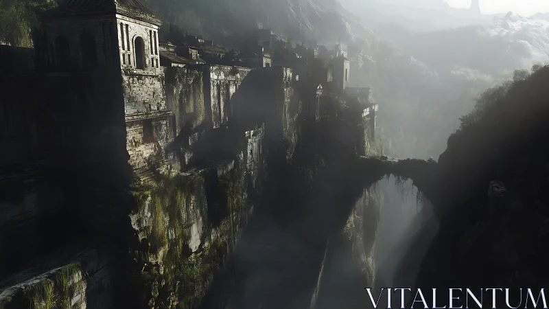 Ancient cliffside fortress spans misty ravine with stone bridge