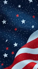 Patriotic starfield with waving American flag stripes.