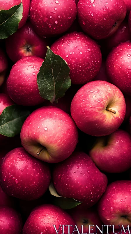 Freshly picked red apples glistening with gentle dewdrops.