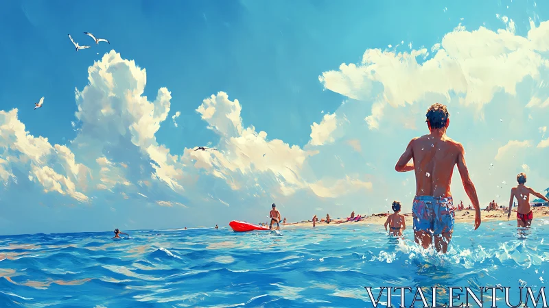 Sunlit swimmers wade into bright blue waves on a joyful day