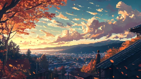 Teen on rooftop observes autumn cityscape at glowing sunset