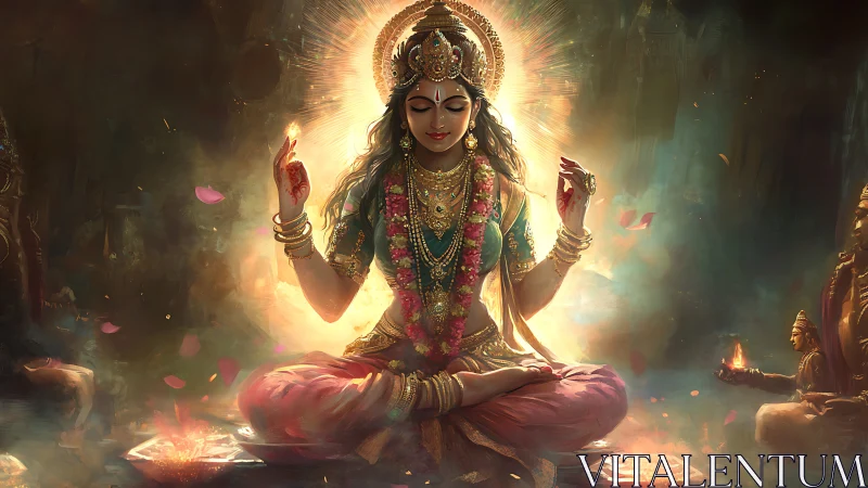 Radiant seated goddess in lotus pose with luminous aureole