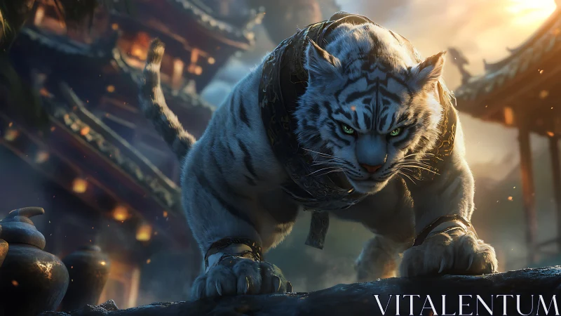 Mystic temple guardian tiger stalking through emberlit dusk.