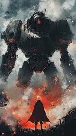 Lone caped figure faces towering war robot in flames.