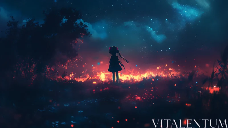 Stargazing girl walking through glowing twilight embers.