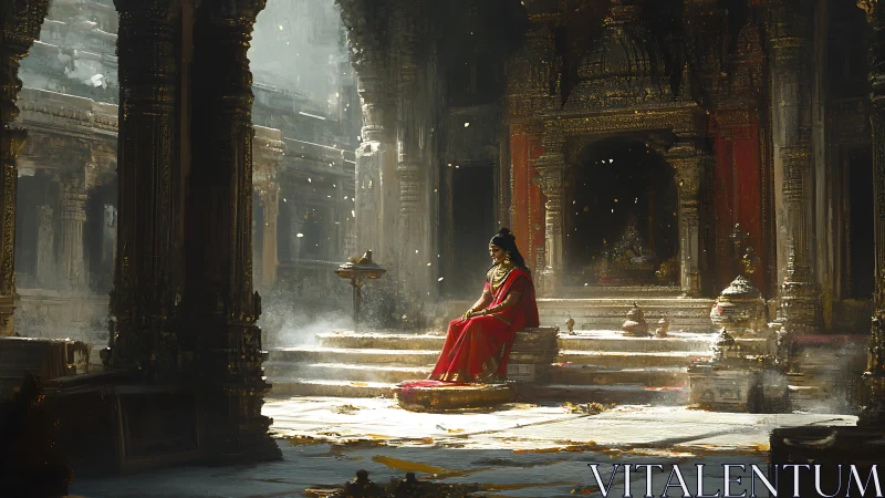 Sunlit red serenity crowns the quiet heart of the temple