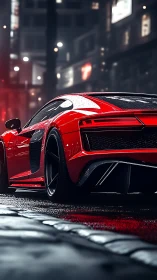 Red mid‑engine supercar on wet neon city street at night