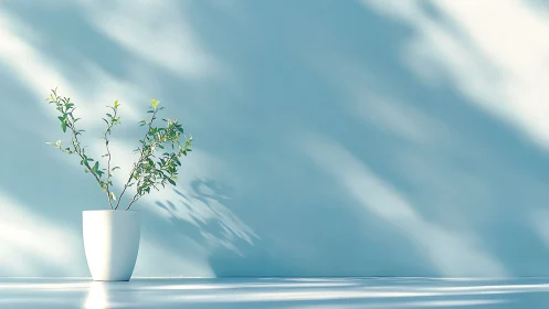 Minimalist white planter with soft blue ambient lighting.