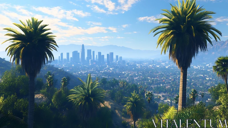 Sunlit hillside palms overlook distant modern city skyline