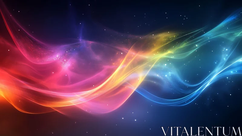 Shimmering ribbons of cosmic color dance across a starry sky