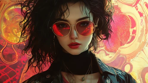 Neon-lit portrait of a woman in reflective red sunglasses