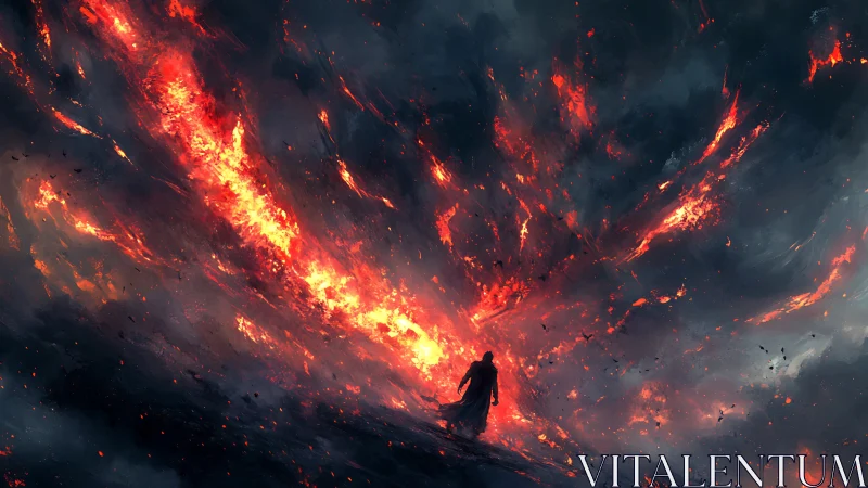 Digital painting of lone figure before apocalyptic firestorm sky.