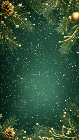 Green Christmas background with gold pine garlands.