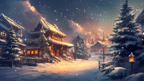 Snow-laden East Asian village under warm lantern illumination.