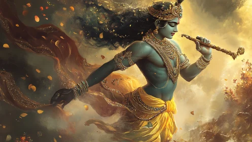 Krishna figure playing flute in flowing golden landscape.