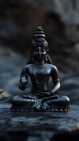 Midnight metal Buddha statue in serene meditative pose.