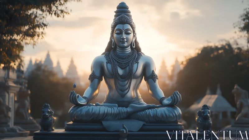 Serene Shiva statue in meditative pose at temple complex.