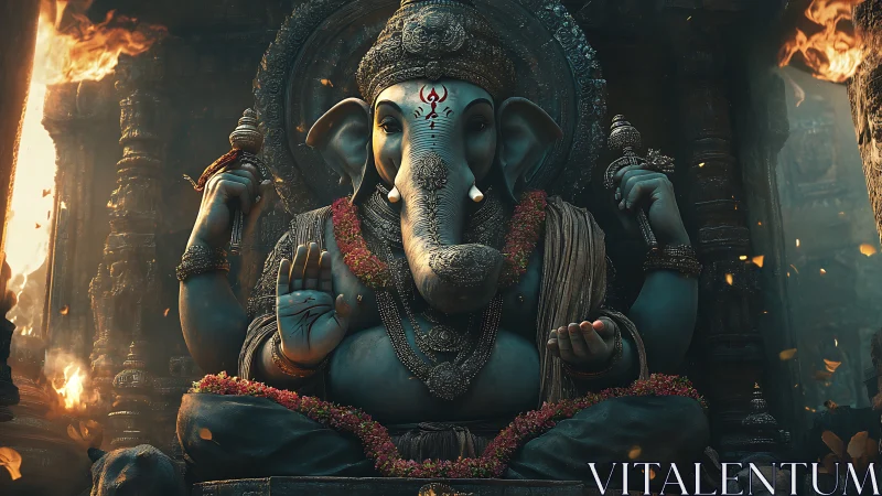 Majestic Ganesha idol in ornate temple with warm firelight.
