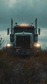 Weathered semi truck glows under stormy evening sky.