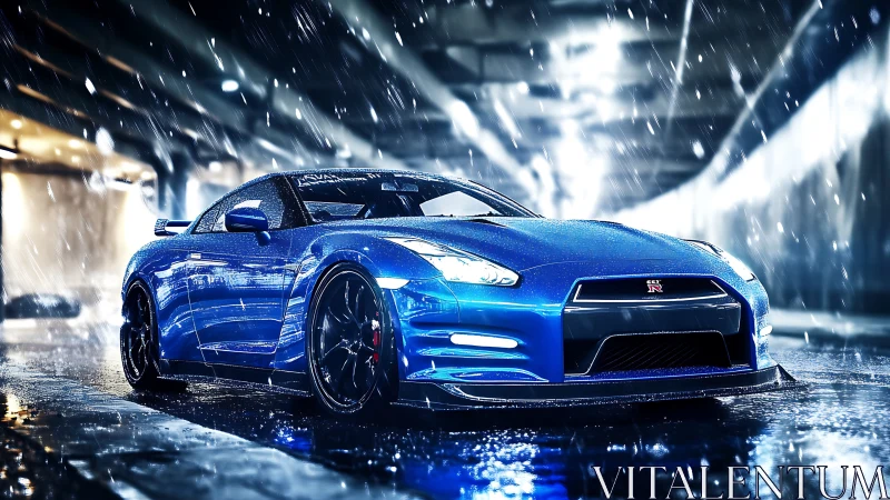 Blue sports coupe is rendered in a wet tunnel environment