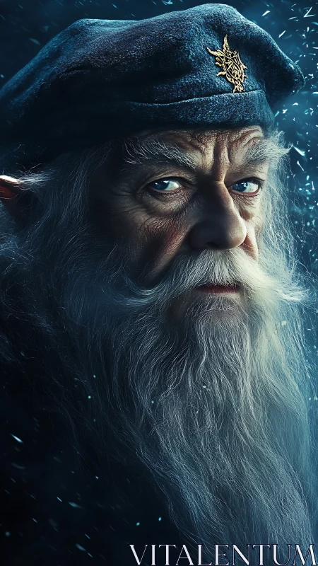 Elderly wizard portrait under swirling winter starlight.