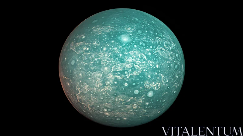 Turquoise icy planet sphere with cratered surface in space.
