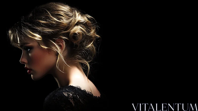 Side profile portrait of woman against black background.