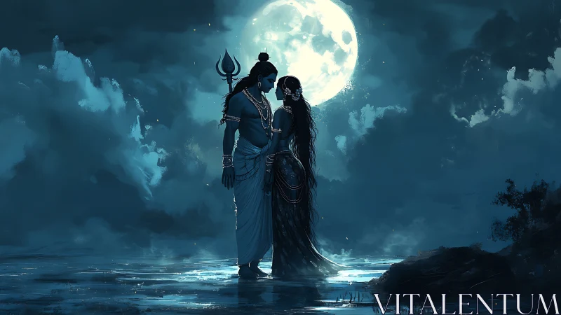 Silhouetted divine couple before full moon over water.