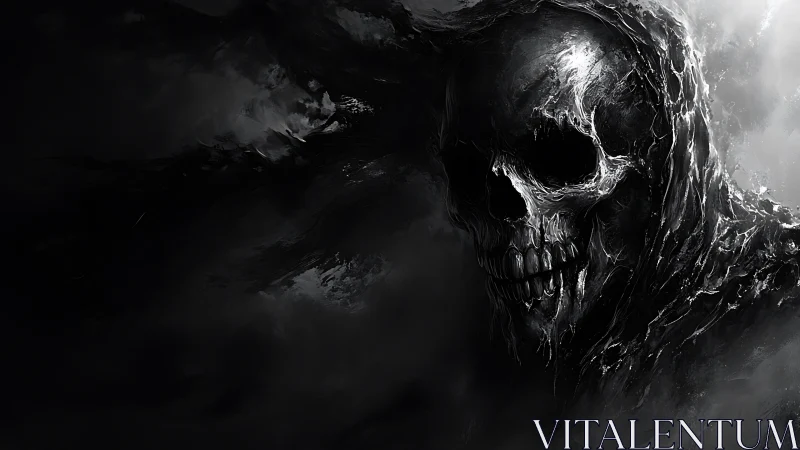 Hooded skeletal figure in dark monochrome digital artwork.