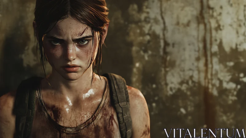 Gritty digital portrait of wounded girl survivor in ruins.