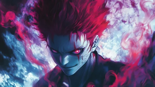 Digital anime portrait with infernal aura and dynamic lighting.