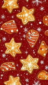 Seamless pattern of iced gingerbread cookies on red backdrop