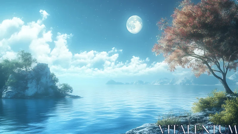 Lunar-illuminated coastal lake with rocky islets and autumn tree