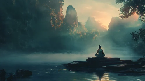 Solitary seated figure beside misted river at sunrise.