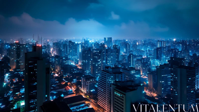 High-density night skyline uses cyan lighting and deep atmospheric haze