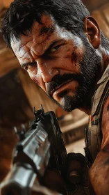 Bearded armed character rendered in detailed 3D profile.