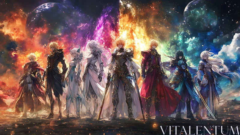 Celestial knights gathered beneath a blazing cosmic sky.