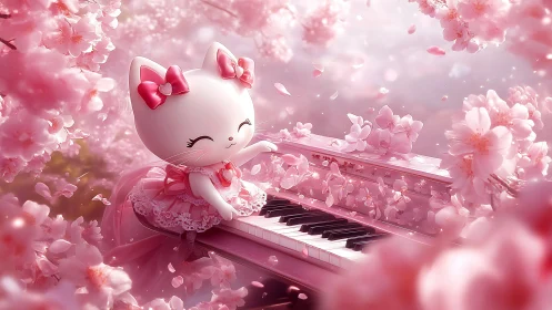 Cute white cat at pink piano in cherry blossom scene.