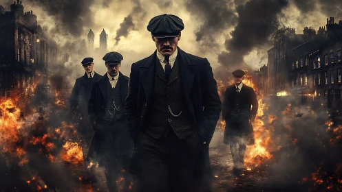 Gangsters stride through burning street in smoky chaos.