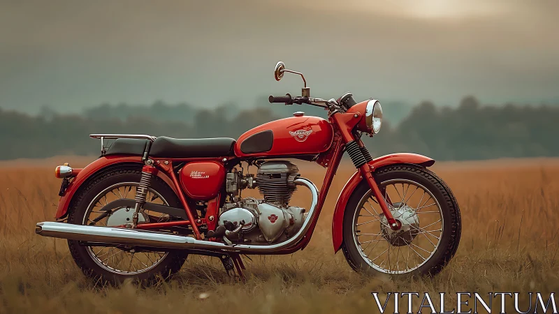 Red vintage motorcycle stands on grassy field at sunset